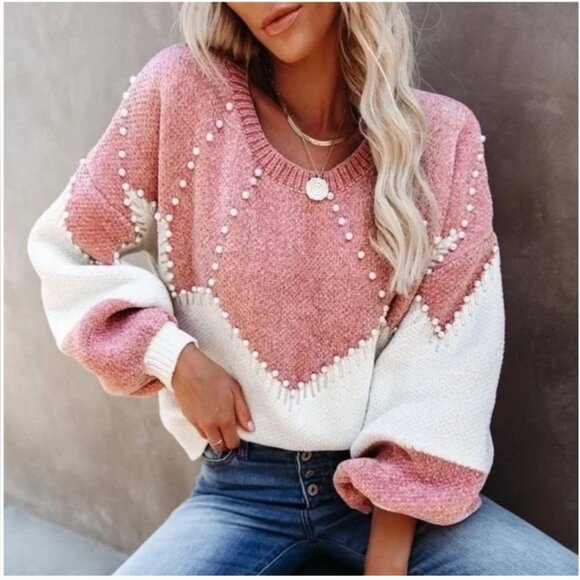 VICI Pink and Cream Vivianna Embelished Oversized Sweater with Pearls - Picture 7 of 8
